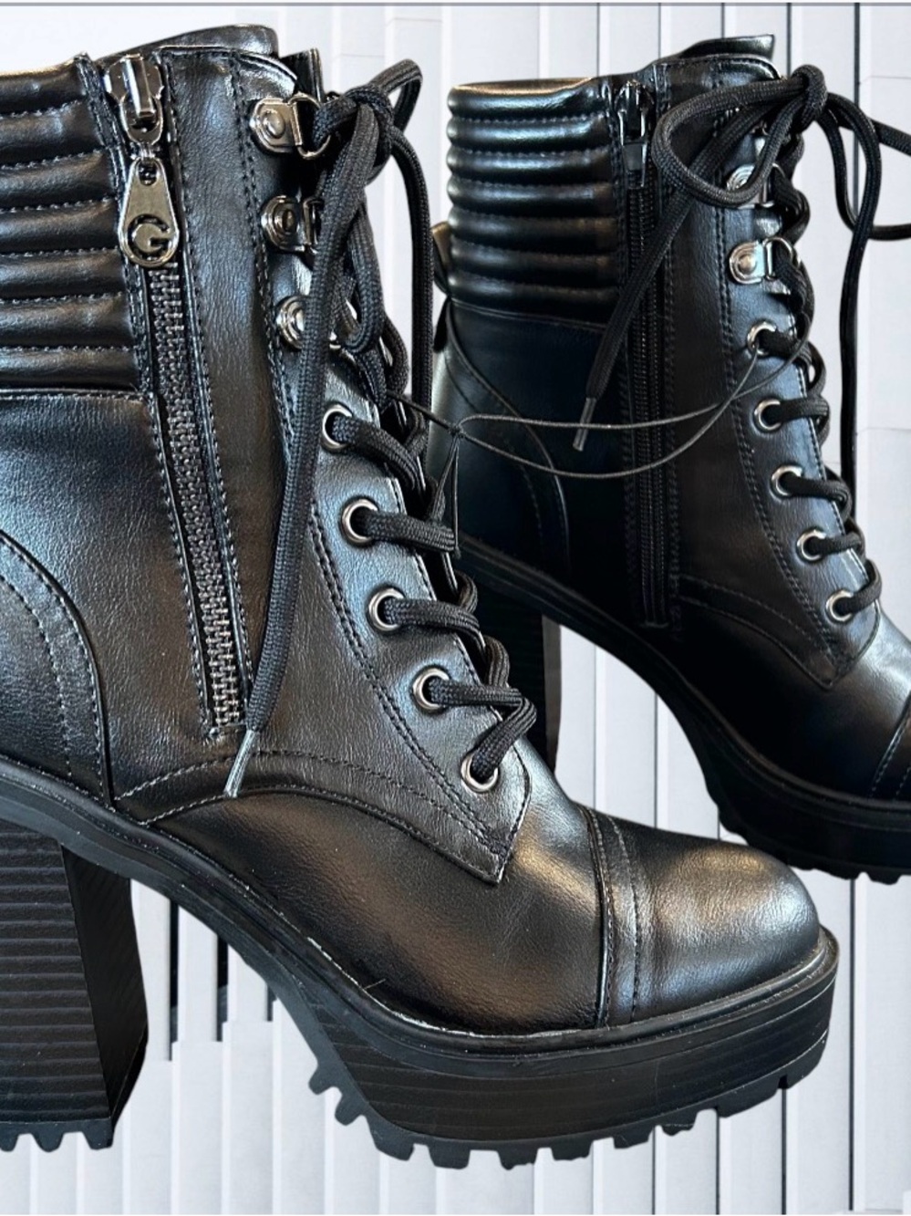 GBG Los Angeles Black Faux Leather Lace-Up Platform Block Heel Combat Boots